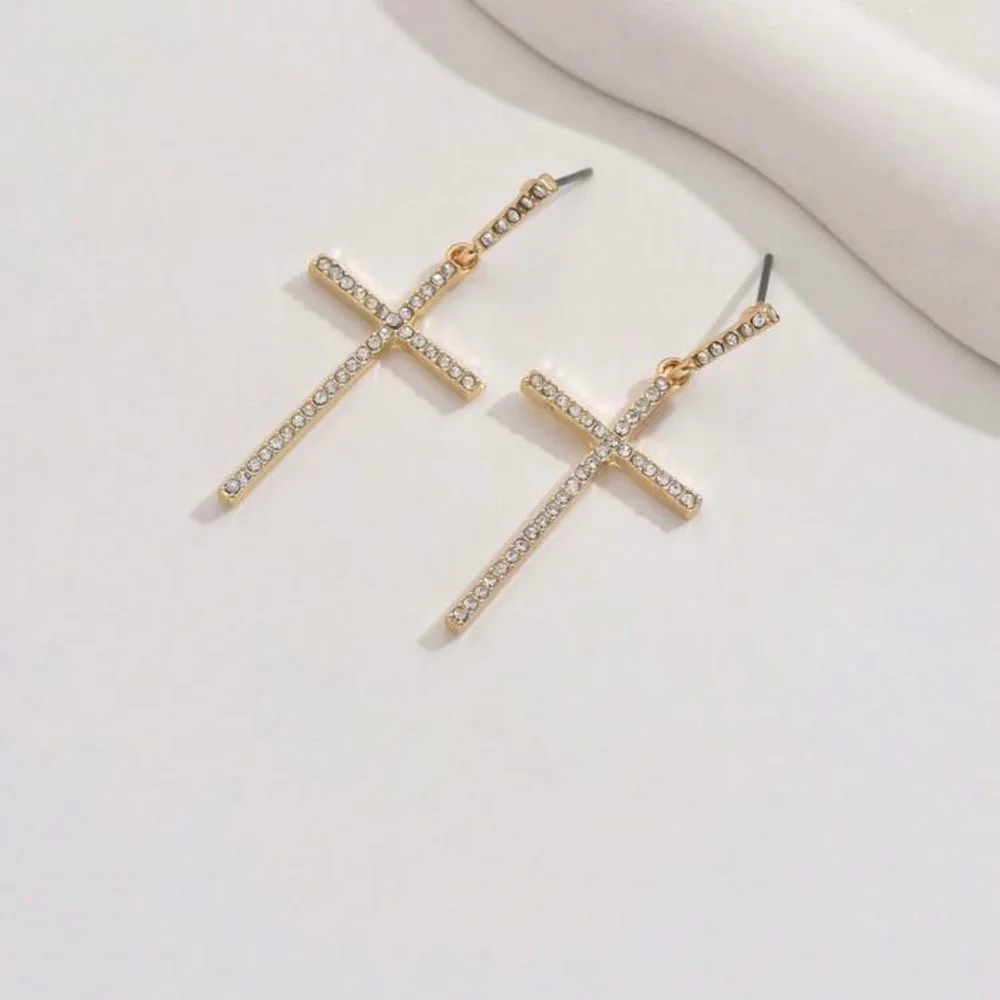 Elegant Gold Cross Earrings, Rhinestone Cross Earrings